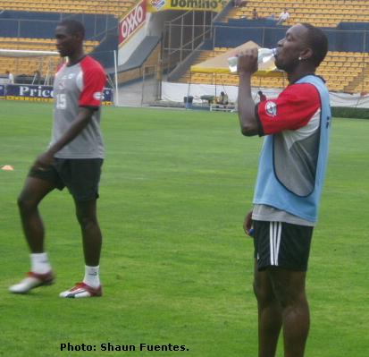 From left Kenwyne Jones and Dwight Yorke in training for T&T.